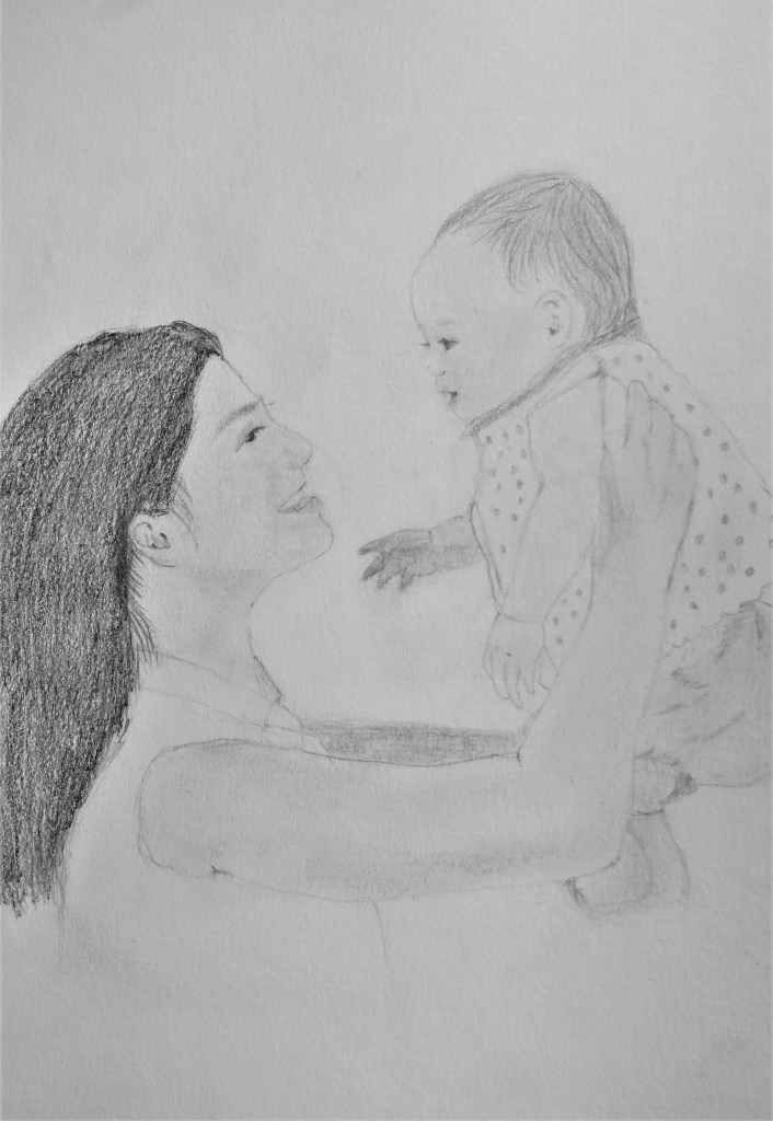 pencil drawing of mother holding up baby